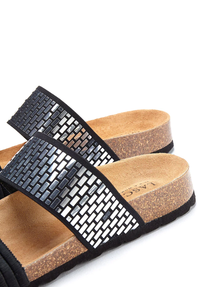 LASCANA Pantolette »Mule, Sandale, offener Schuh, Sommerschuh,« mit Komfortkorkfußbett aus Leder und elastischen Riemchen