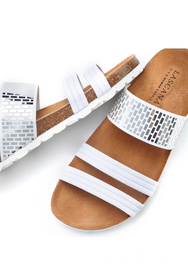 LASCANA Pantolette »Mule, Sandale, offener Schuh, Sommerschuh,« mit Komfortkorkfußbett aus Leder und elastischen Riemchen