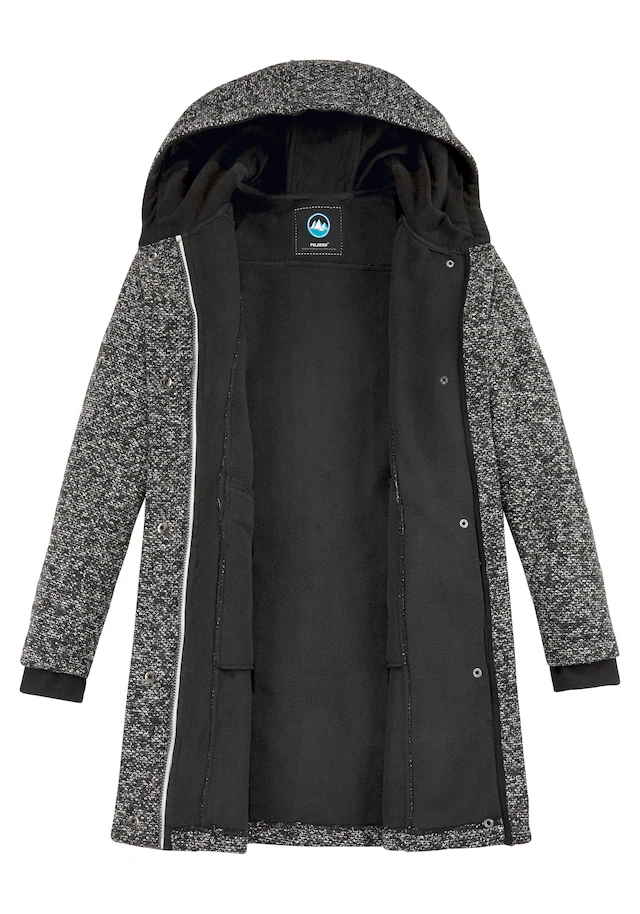 Polarino Strickmantel atmungsaktiv und wärmeisolierend. Strickoptik außen, Fleece innen.