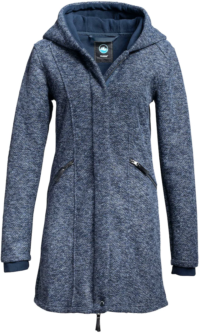 Polarino Strickmantel atmungsaktiv und wärmeisolierend. Strickoptik außen, Fleece innen.