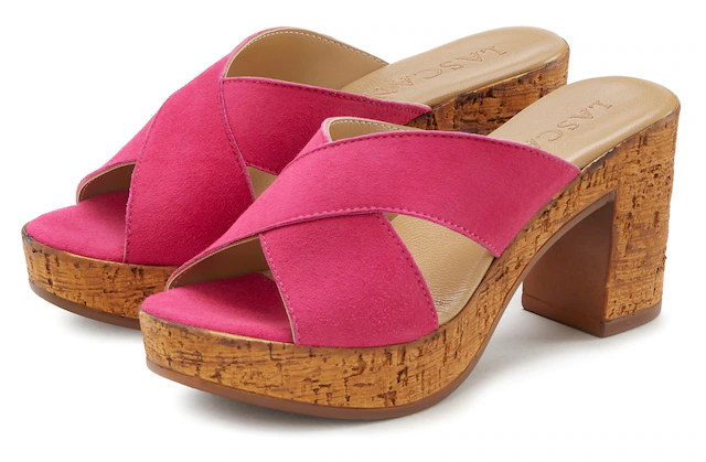 LASCANA Pantolette »Sommerschuh, offener Schuh, Sandalette, Mule,« aus Leder mit Blockabsatz in Kork-Optik
