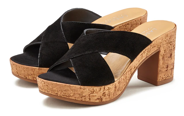 LASCANA Pantolette »Sommerschuh, offener Schuh, Sandalette, Mule,« aus Leder mit Blockabsatz in Kork-Optik