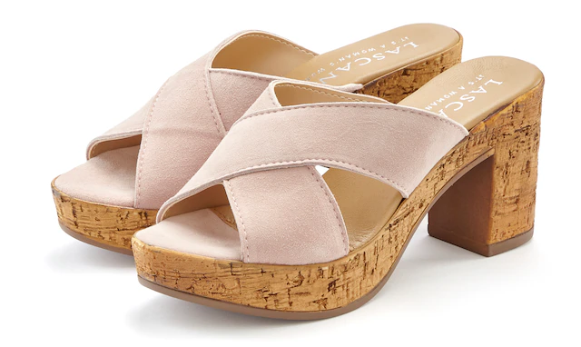 LASCANA Pantolette »Sommerschuh, offener Schuh, Sandalette, Mule,« aus Leder mit Blockabsatz in Kork-Optik