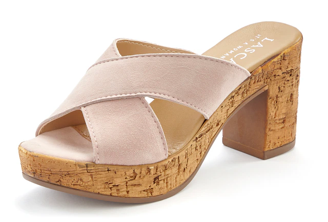 LASCANA Pantolette »Sommerschuh, offener Schuh, Sandalette, Mule,« aus Leder mit Blockabsatz in Kork-Optik