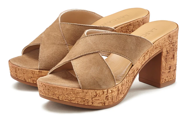 LASCANA Pantolette »Sommerschuh, offener Schuh, Sandalette, Mule,« aus Leder mit Blockabsatz in Kork-Optik