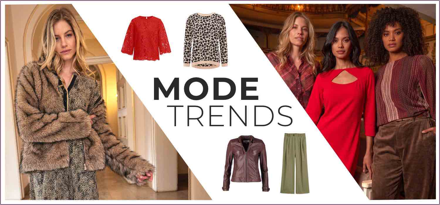 MODE TRENDS – drei Frauen in herbstlicher Mode, daneben rote Bluse, Leo-Pullover, grüne Hose und braune Lederjacke