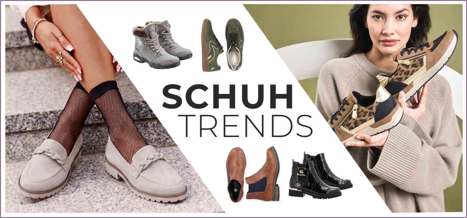 Schuh Trends – Frau sitzt auf Treppe mit Slippern, daneben Stiefeletten, Schnürschuhe und grüne Sneaker