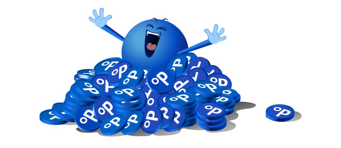 PAYBACK Pointi jubelt und sitzt auf einem Stapel blauer Tokens