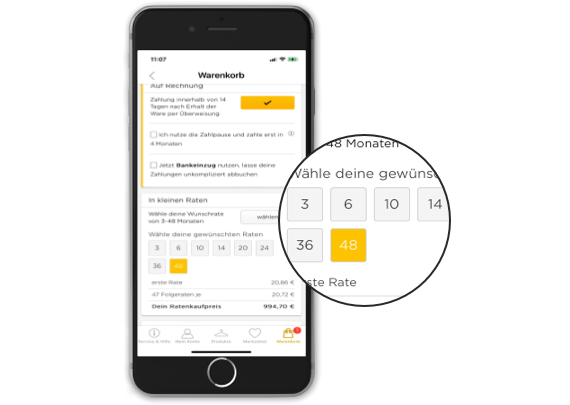 Wähle deine gewünschte Rate – Smartphone zeigt Warenkorbseite mit Ratenoptionen von 3 bis 48 Monaten, 48 Monate ausgewählt